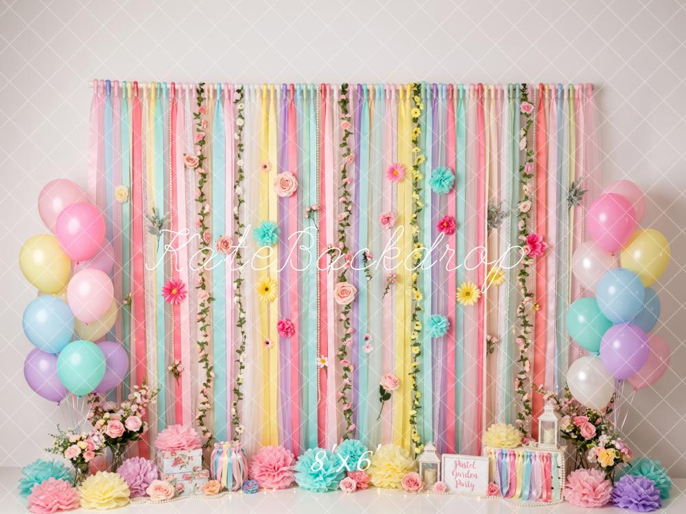 Kate Cake Smash Pastel Ribbons Floral Balloon Party Printed Backdrop Designed by Patty Roberts