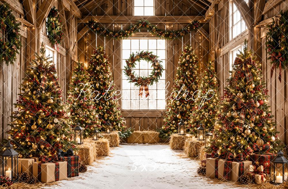Kate Christmas Rustic Barn Trees Wreath Printed Backdrop Designed by Emetselch
