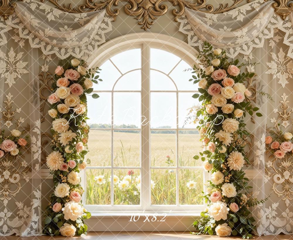 Kate Spring Flower Arch Window Gold Lace Curtains Backdrop Designed by Mini MakeBelieve