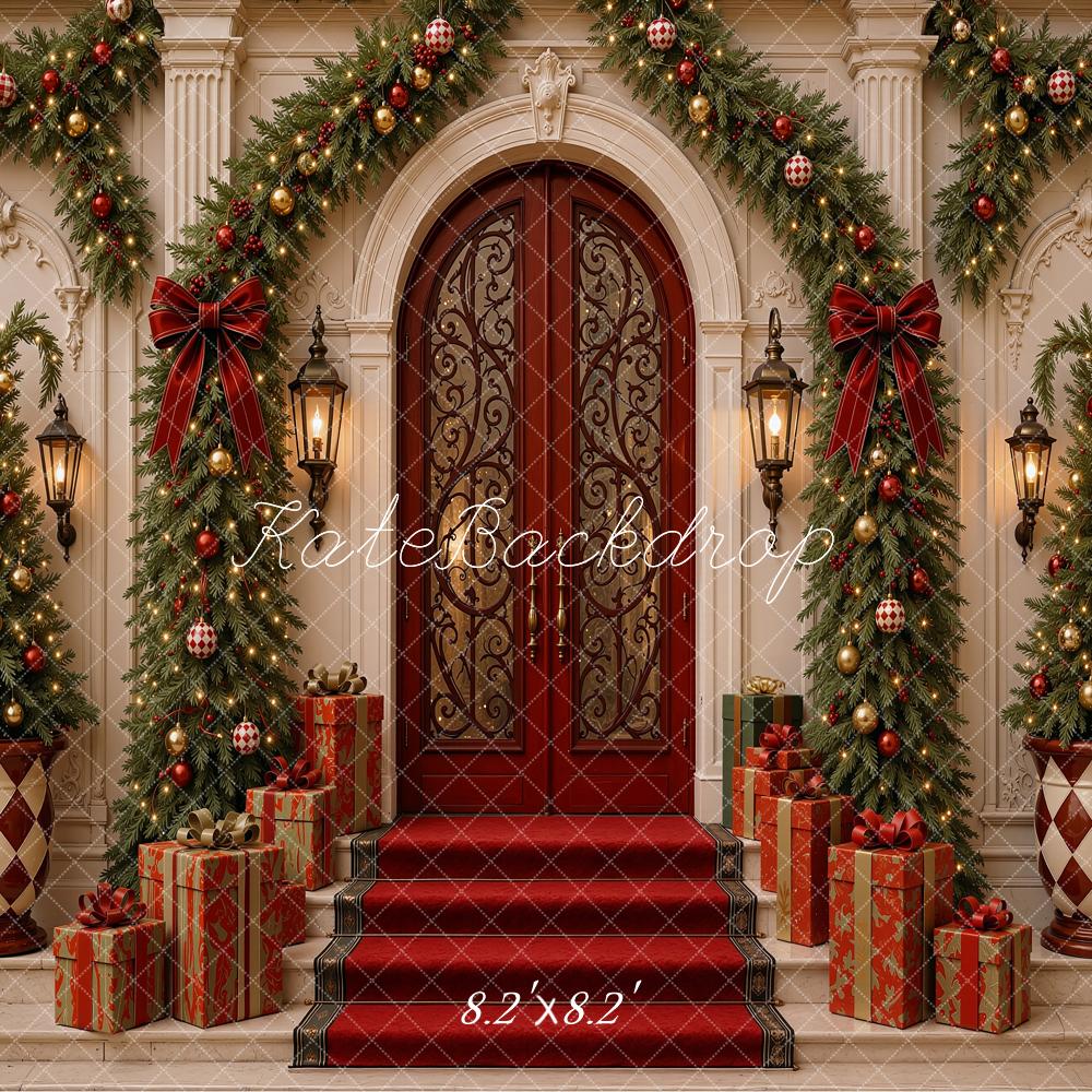 Kate Christmas Mansion Door Entryway Garland Trees Gifts Printed Backdrop Designed by Shutter Swan Studios