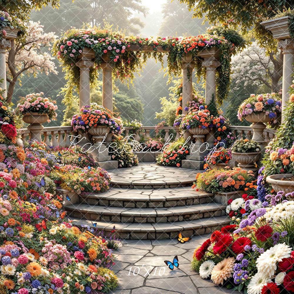 Kate Spring Flower Arch Cascading Stairs Garden Printed Backdrop Designed by Mini MakeBelieve