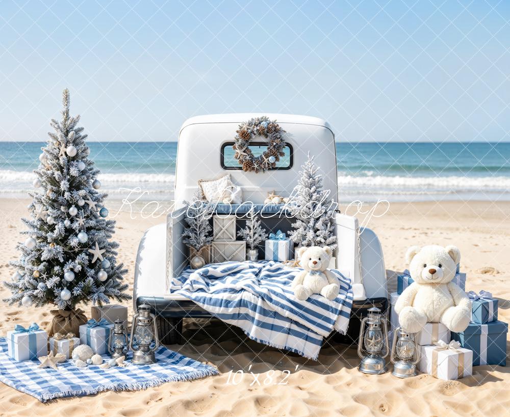 Kate Christmas Beach Truck Teddy Bears Gifts Printed Backdrop Designed by Emetselch