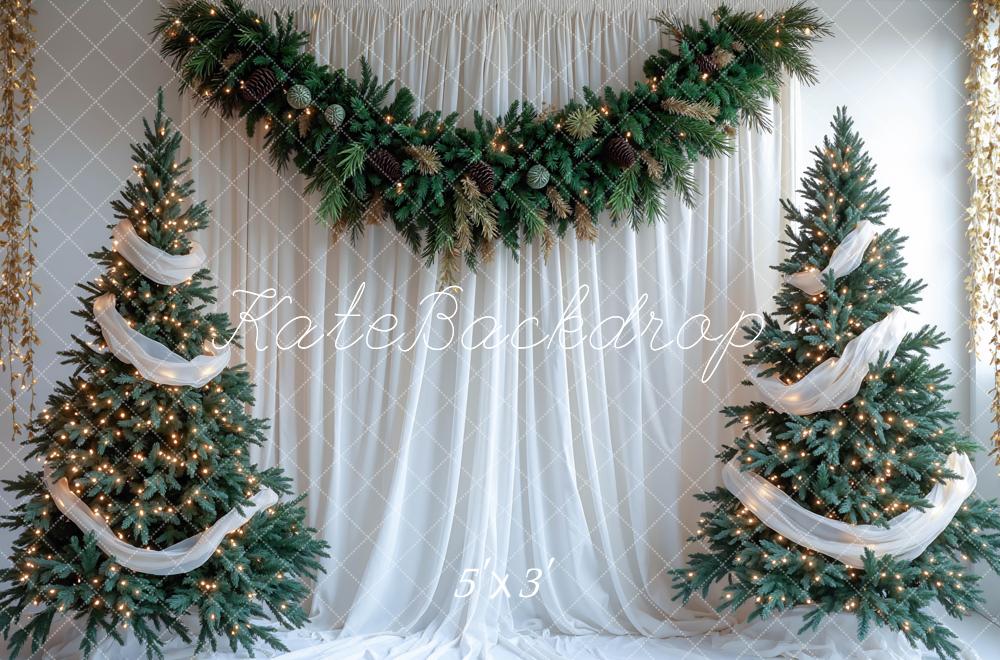 Kate Christmas Pine Trees Garland White Drapes Printed Backdrop Designed by Mini MakeBelieve