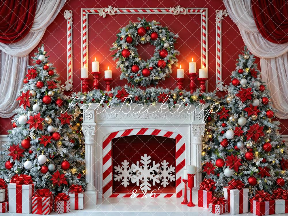 Kate Christmas Red Fireplace Snowflake Tree Wreath Gifts Curtains Printed Backdrop Designed by Mini MakeBelieve