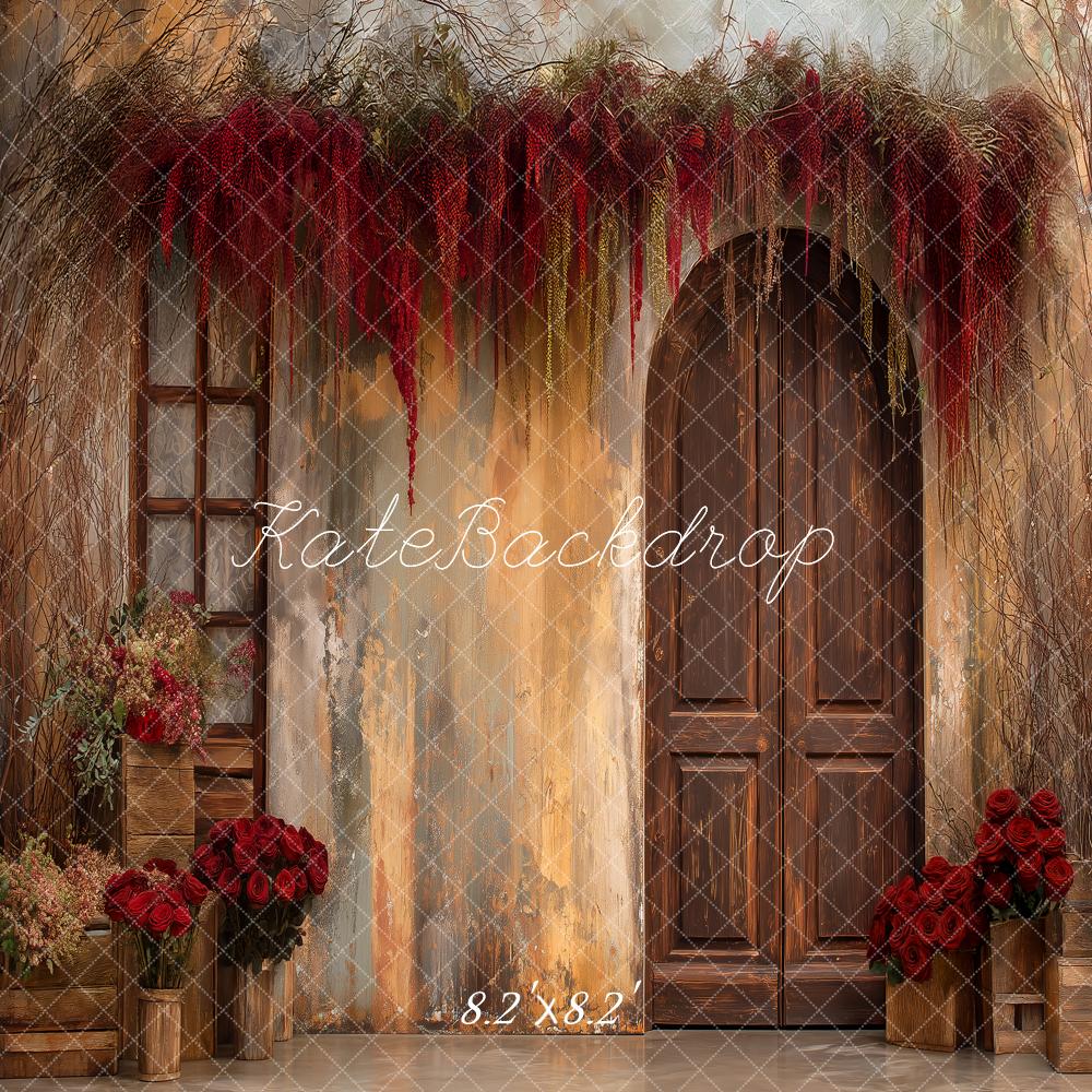 Kate Boho Rustic Door Red Roses Flower Arch Printed Backdrop Designed by Angela Miller