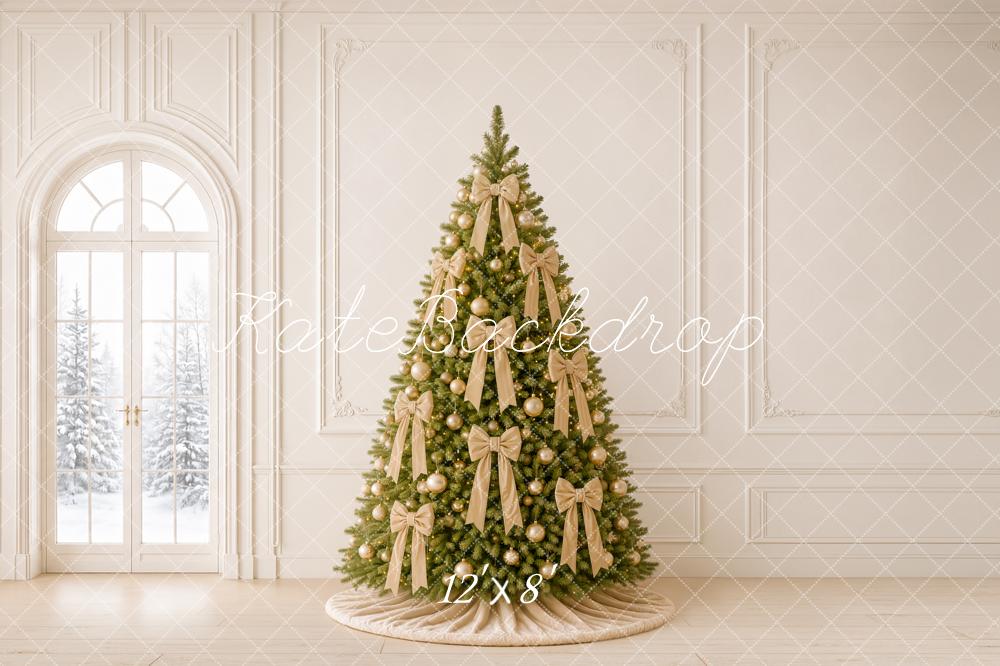 Kate Christmas Gold Bow Tree Elegant White Wall Printed Backdrop Designed by Emetselch