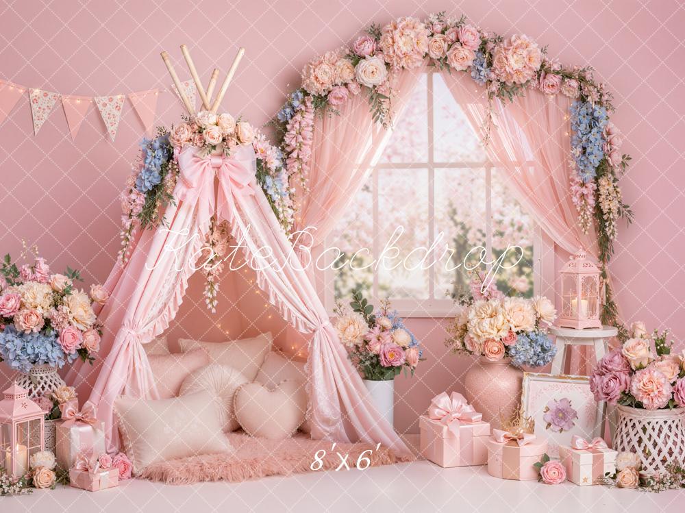 Kate Sring Pink Floral Teepee Flower Arch Window Printed Backdrop Designed by Emetselch