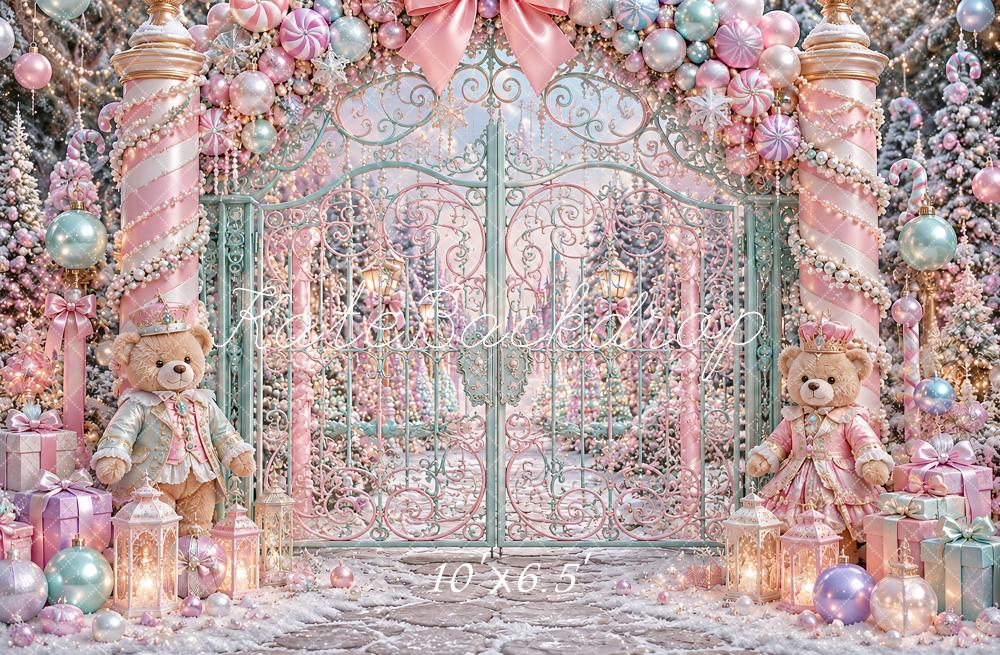 Kate Christmas Pink Candy Cane Gate Teddy Bears Kids Printed Backdrop Designed by Ashley Paul