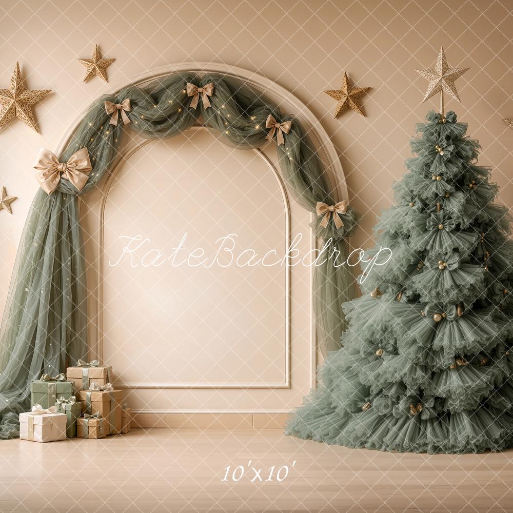 Kate Christmas Green Tulle Tree Arch Drapes Stars Gifts Printed Backdrop Designed by Shutter Swan Studios