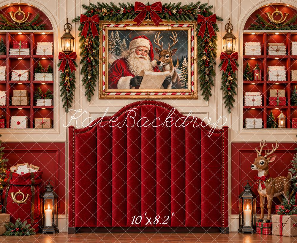 Kate Christmas Red Headboard Santa Reindeer Trees Mailroom Printed Backdrop Designed by Shutter Swan Studios