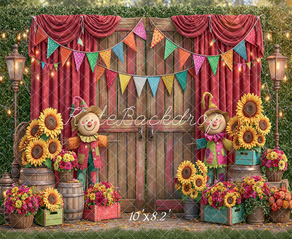 Kate Fall Scarecrow Sunflowers Wooden Door Red Curtain Bunting Printed Backdrop Designed by Angela Miller