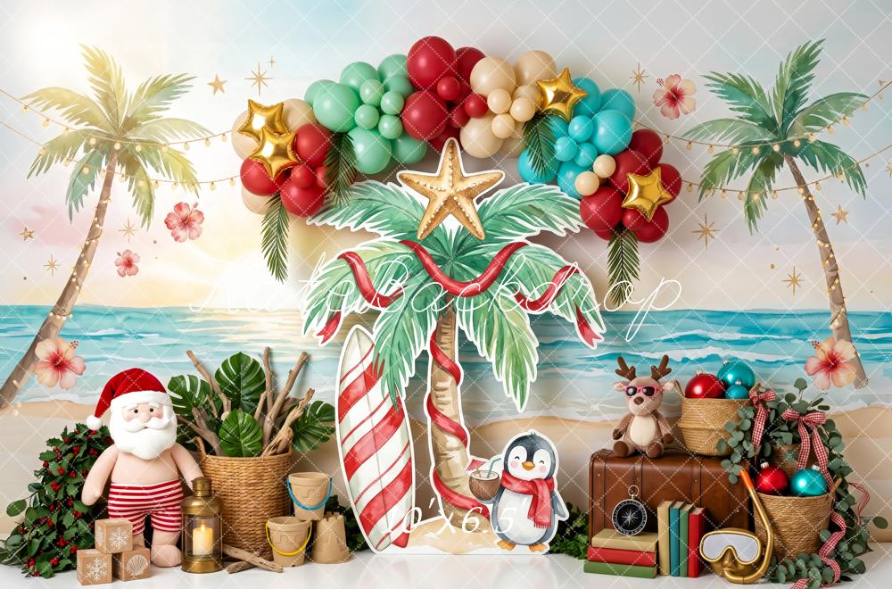 Kate Christmas Australian Tropical Beach Santa Balloon Arch Printed Backdrop Designed by Patty Roberts