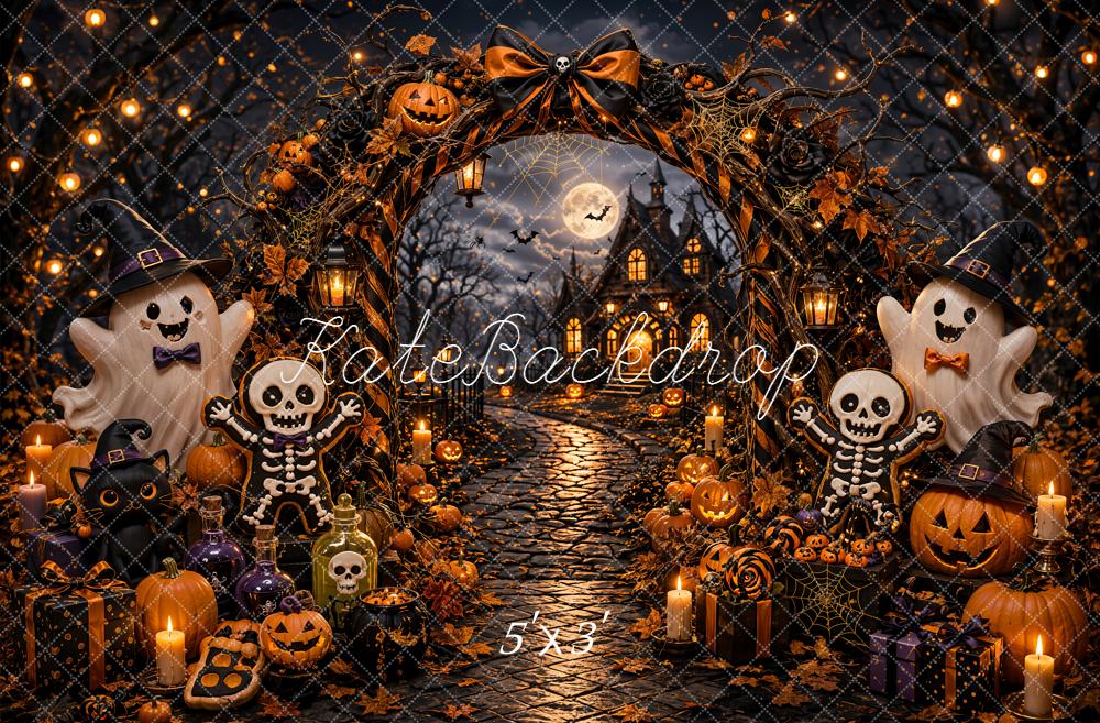 Kate Halloween Trick Or Treat Pumpkin Ghost Arch Skeleton Haunted House Printed Backdrop Designed by Emetselch