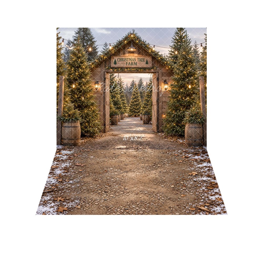 Kate Christmas Tree Farm Gate Wood Rustic Printed Backdrop+Winter Snowy Dirt Path Withered Leaves Floor Printed Backdrop