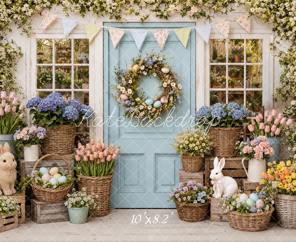 Kate Easter Spring Flower Arch Blue Door Bunny Bunting Printed Backdrop Designed by Emetselch