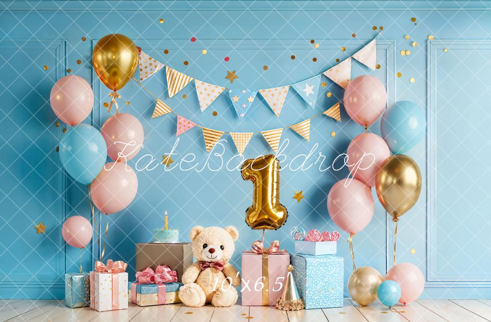 TEST Kate Cake Smash Blue Balloon Bunting Teddy Bear First Birthday Backdrop Designed by Chain Photography