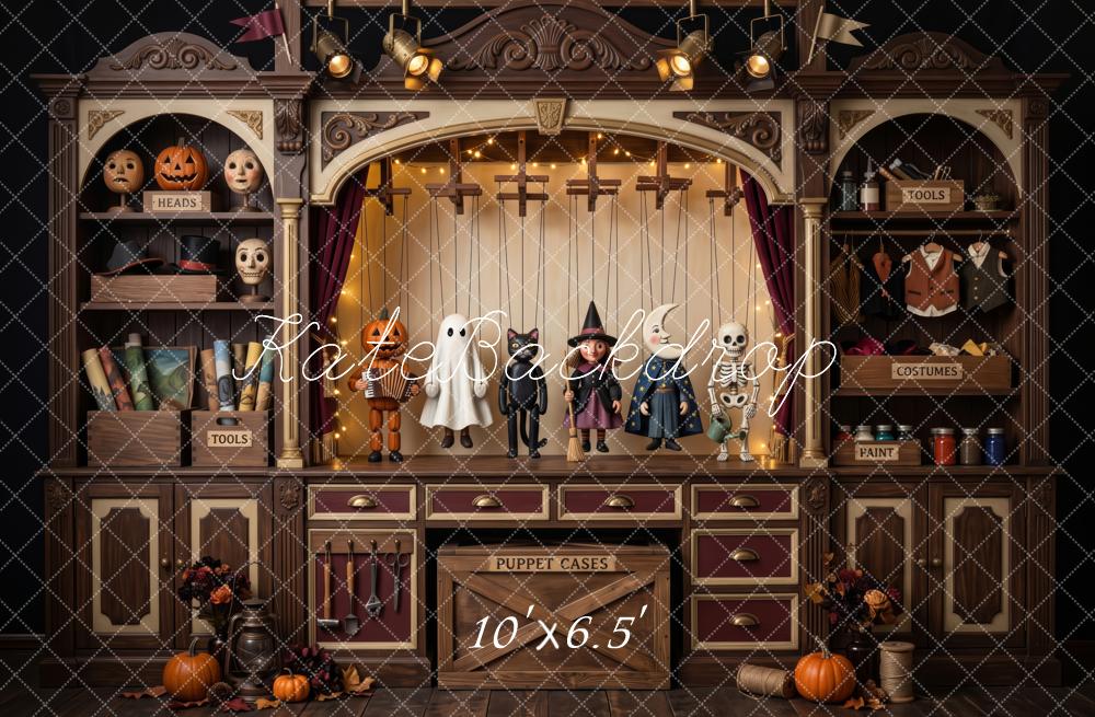 Kate Halloween Marionette Theatre Cabinet Brown Printed Backdrop Designed by Patty Roberts