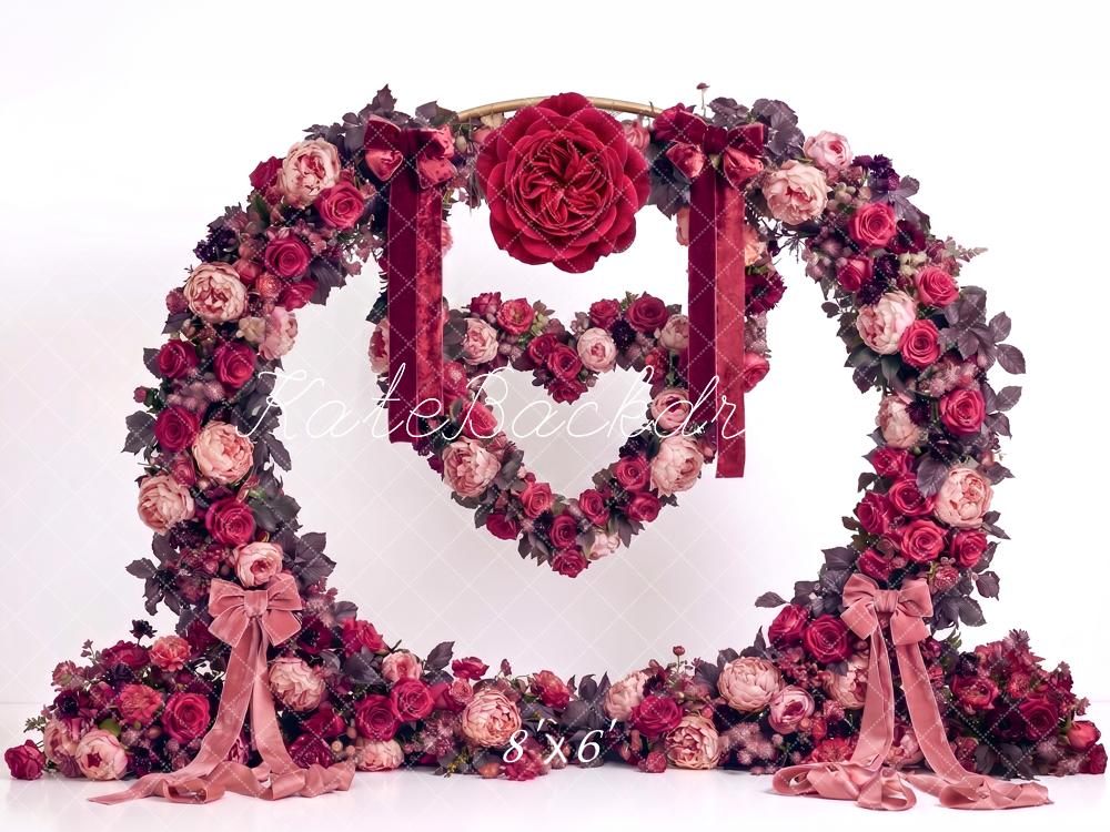 Kate Valentines Arch Burgundy Rose Flower Heart Printed Backdrop Designed by Angela Miller