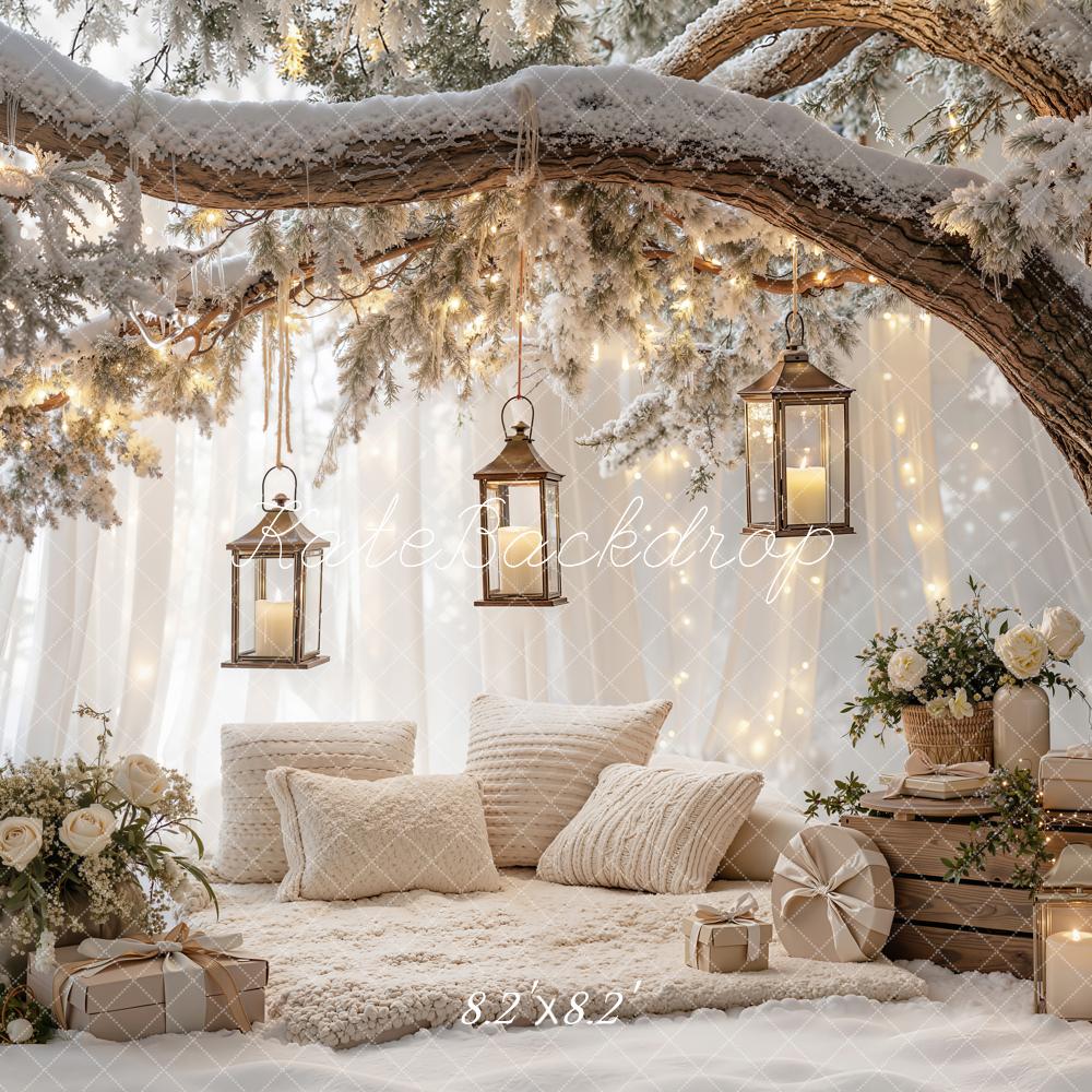 Kate Christmas Branch Arch Snowy Tree Lanterns Pillows Gifts Printed Backdrop Designed by Emetselch