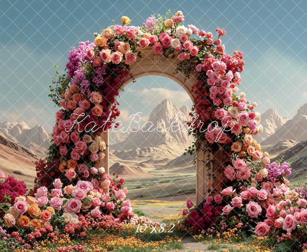 Kate Spring Flower Arch Desert Mountains Printed Backdrop Designed by Mini MakeBelieve