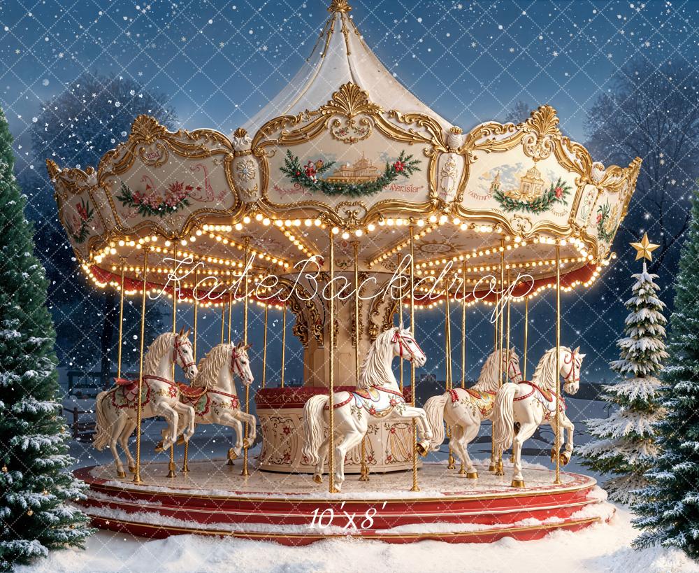Kate Christmas Carousel Snowy Pine Trees Night Backdrop Designed by Emetselch