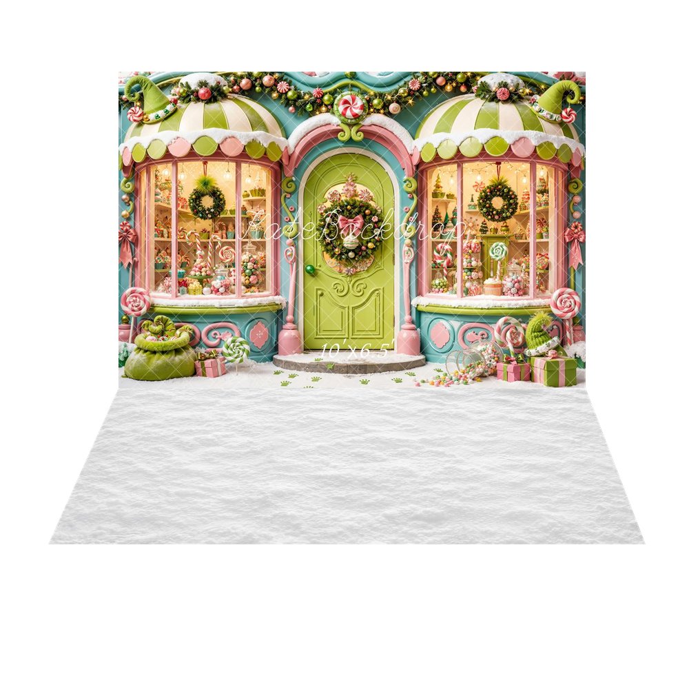 Kate Christmas Whimsical Green Candy Shop Storefront Printed Backdrop+White Snow Floor Printed Backdrop