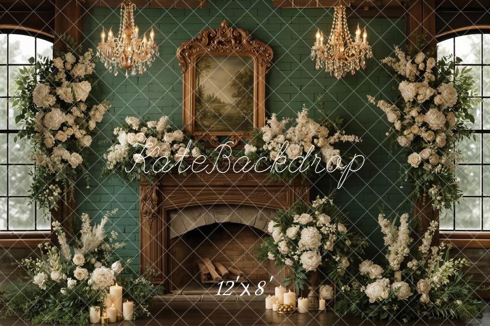 Kate Spring Fireplace Flower Arch Green Wall Chandelier Backdrop Designed by Emetselch