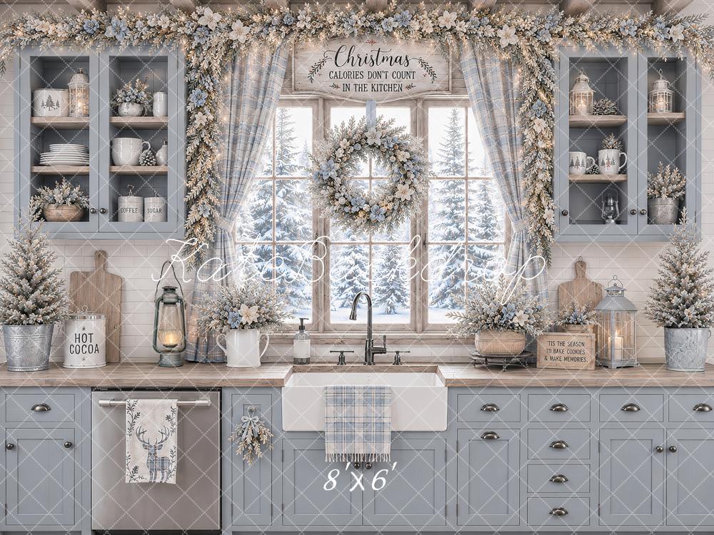 Kate Christmas Blue Kitchen Floral Wreath Snowy Printed Backdrop Designed by Ashley Paul