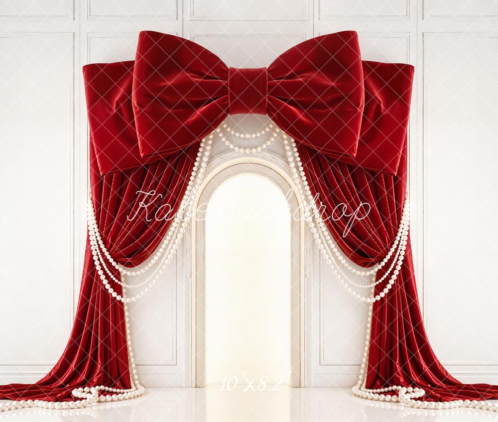 Kate Red Bow Drapes Pearls Arch Wall Backdrop Designed by Emetselch