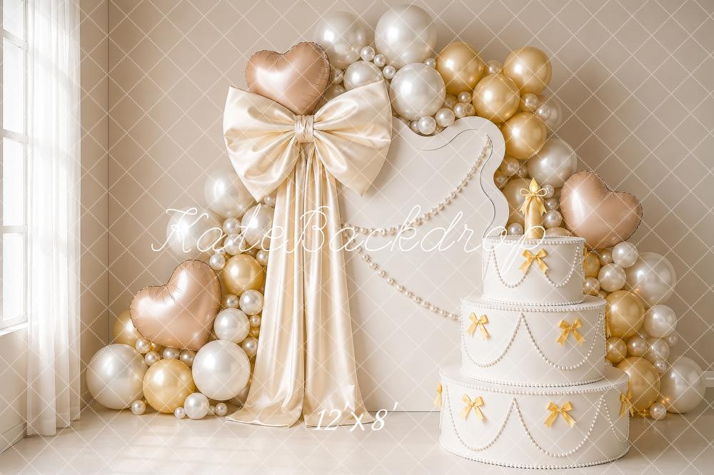 Kate Birthday Cake Smash Pearls Bows Gold Heart Balloons Printed Backdrop Designed by Shutter Swan Studios