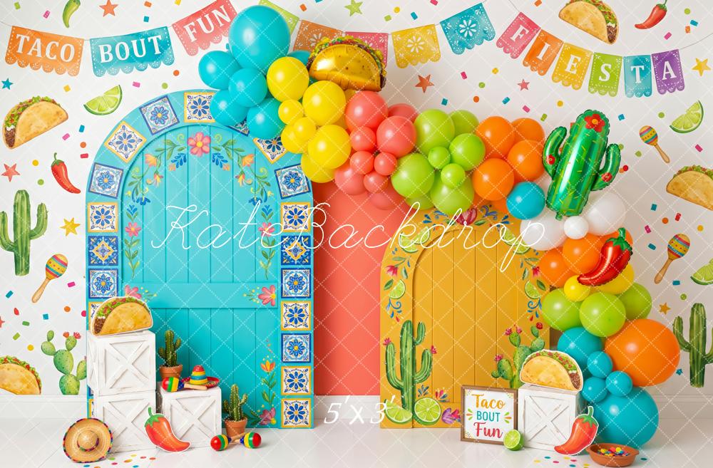 Kate Cake Smash Mexico Taco Fiesta Balloon Arch Cactus Printed Backdrop Designed by Patty Roberts