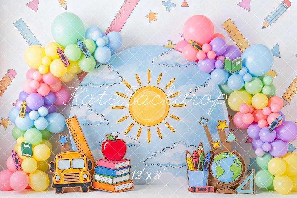 Kate Back To School Colorful Balloon Arch School Supplies Printed Backdrop Designed by Mini MakeBelieve