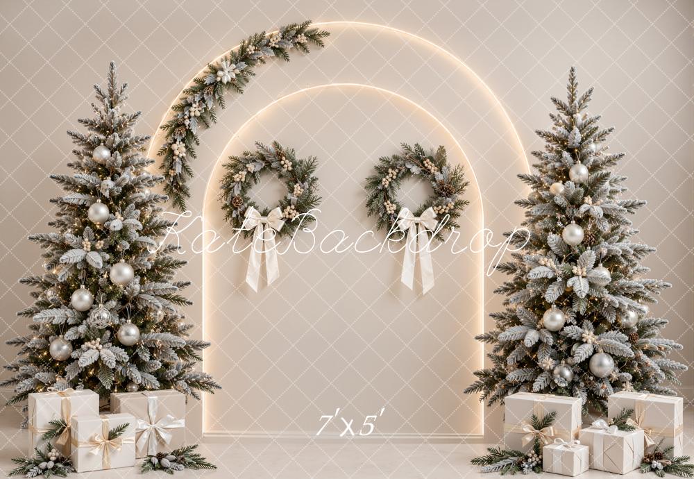 Kate Christmas Beige Tree Arch Wreaths Gifts Printed Backdrop Designed by Emetselch