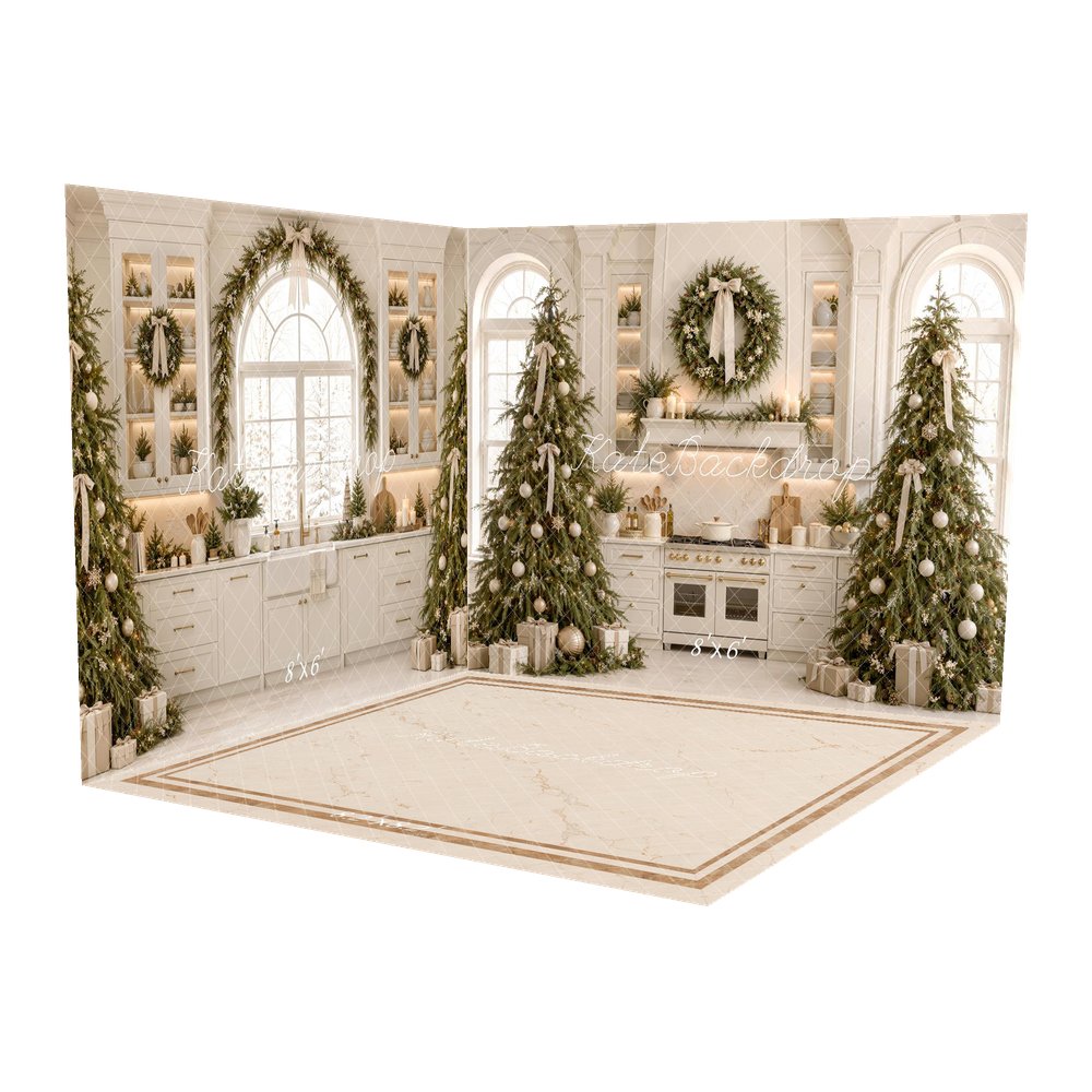 Kate Christmas White Kitchen Trees Wreath Mantel Bow Printed Backdrop Room Set