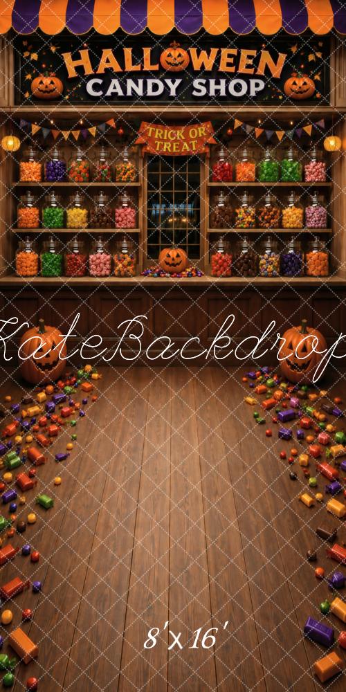 Kate Sweep Halloween Candy Shop Pumpkins Shelves Printed Backdrop Designed by Vertigo Productions