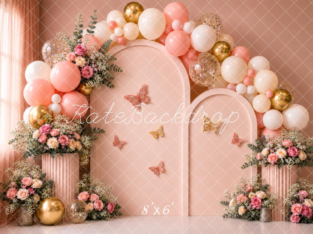 Kate Birthday Pink Balloon Arch Floral Butterflies Printed Backdrop Designed by Shutter Swan Studios