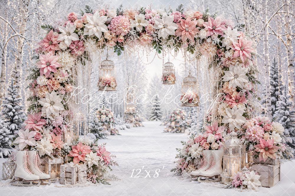 Kate Christmas Winter Pink Poinsettias Flower Arch Ice Skates Printed Backdrop Designed by Ashley Paul