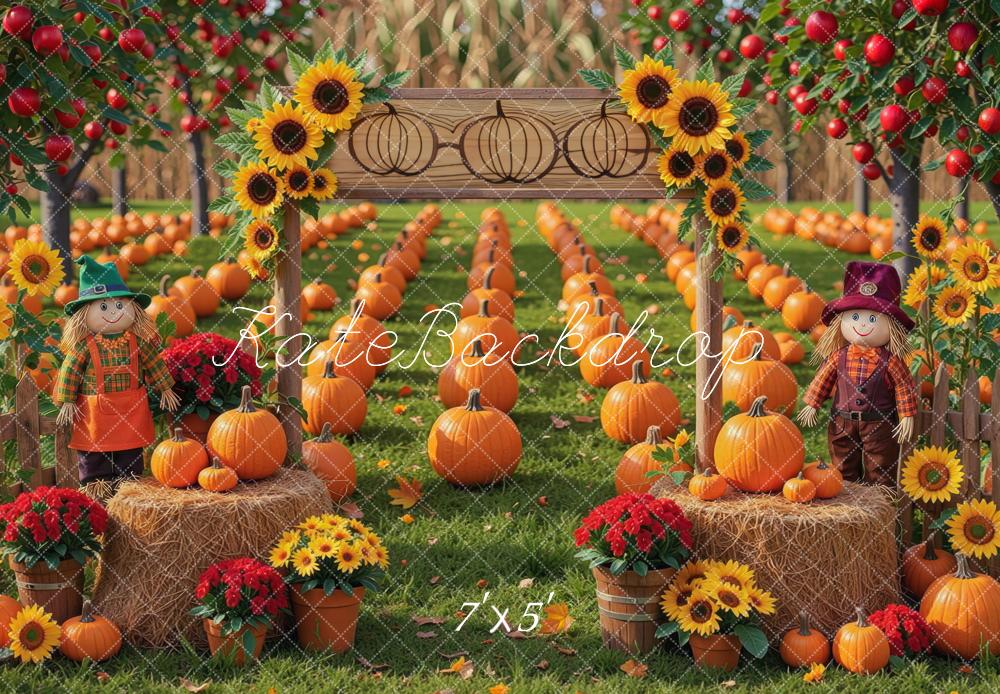 Kate Fall Pumpkin Field Sunflowers Scarecrows Hay Bales Printed Backdrop Designed by Mini MakeBelieve