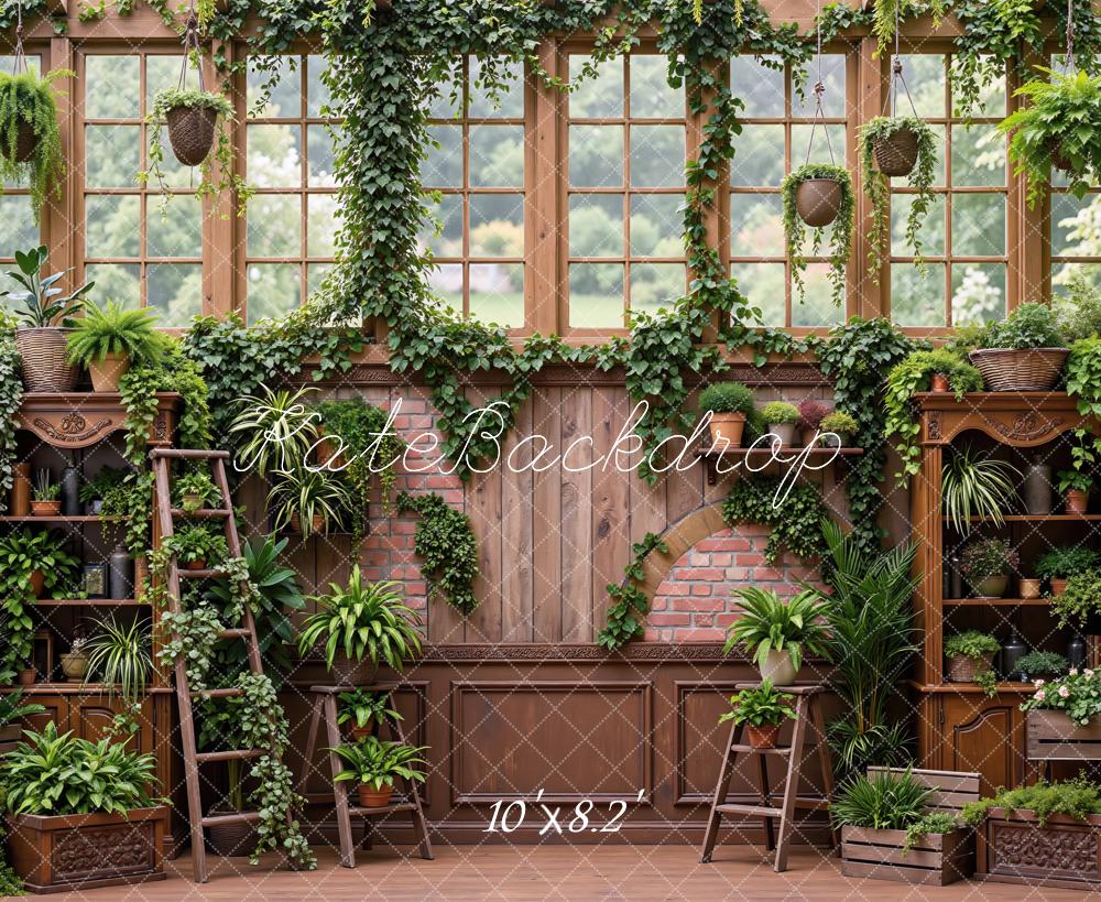 Kate Spring Greenhouse Garden Windows Brick Arch Cabinet Plants Printed Backdrop Designed by Mini MakeBelieve