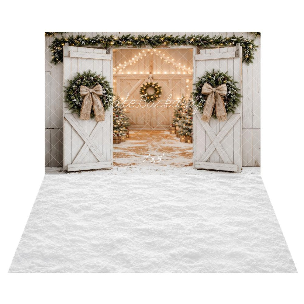 Kate Christmas White Barn Door Wreaths Bow Entryway Printed Backdrop+White Snow Floor Printed Backdrop
