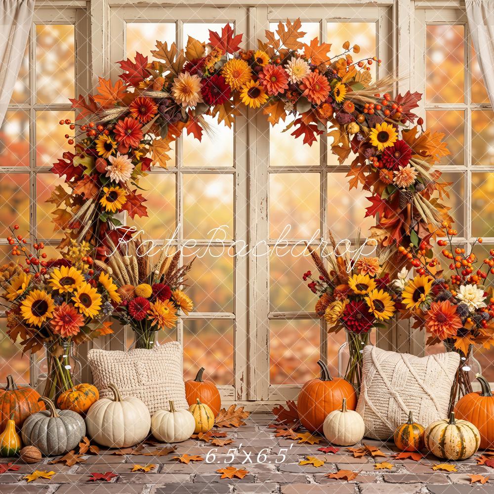 Kate Fall Sunflower Arch Pumpkins Window Printed Backdrop Designed by Emetselch