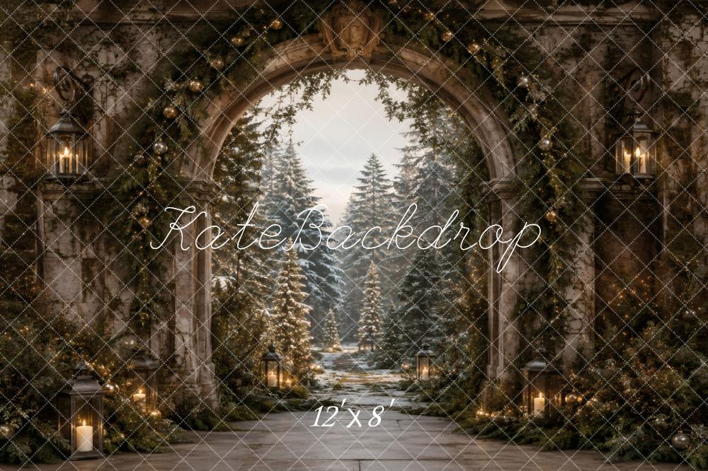 Kate Christmas Retro Stone Archway Pine Trees Lanterns Winter Printed Backdrop Designed by Vertigo Productions