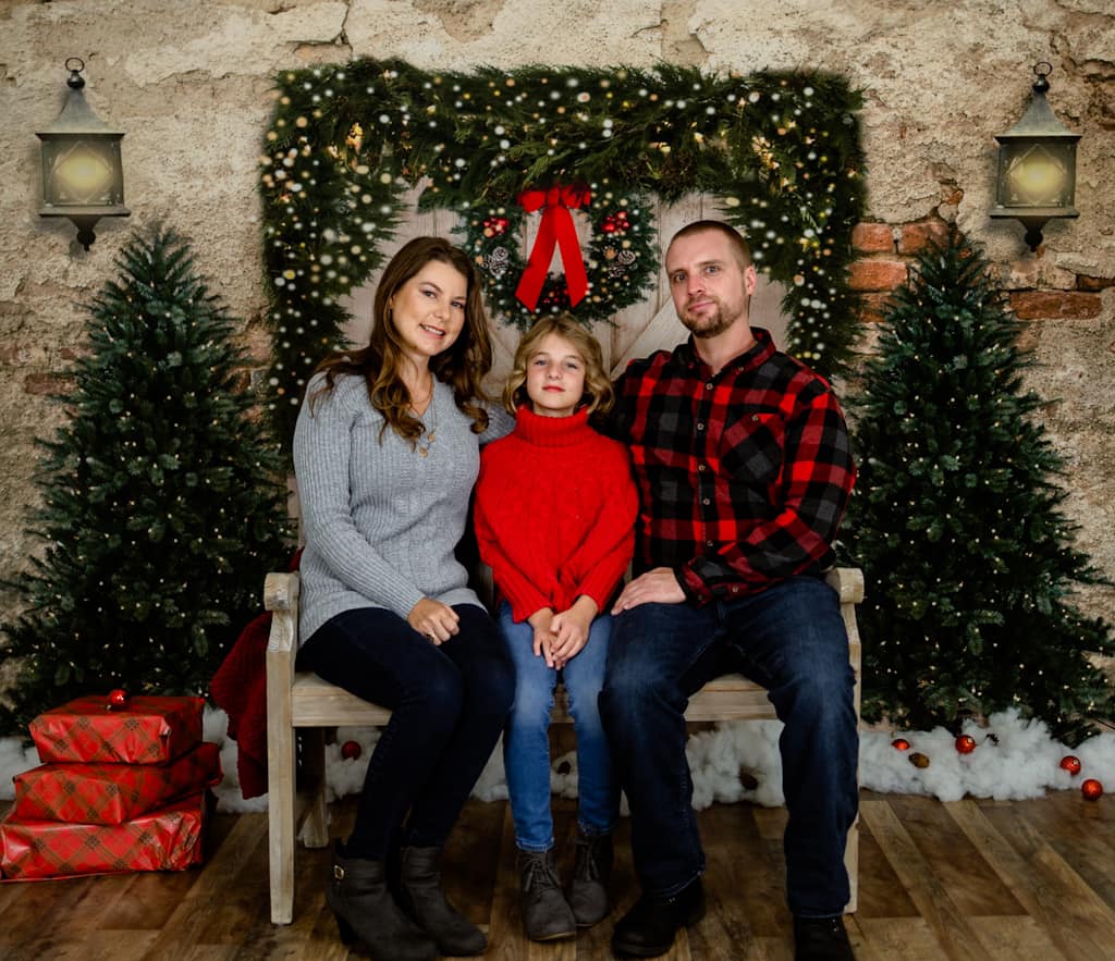 Kate Christmas Backdrop Brick Wall Door & Xmas Trees Designed By JS Photography (only ship to Canada)