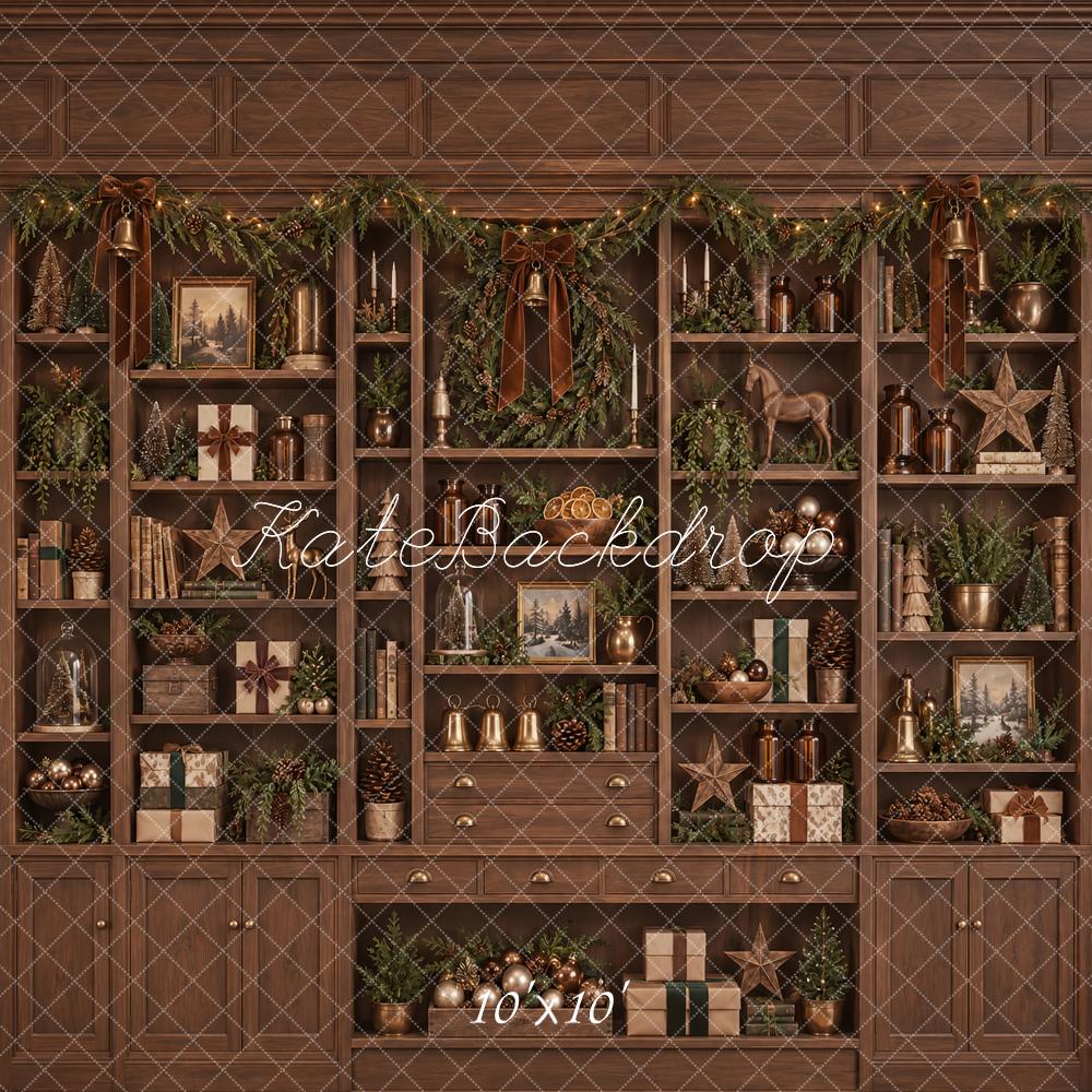 Kate Christmas Brown Cabinet Wreath Garland Shelves Printed Backdrop Designed by Vertigo Productions