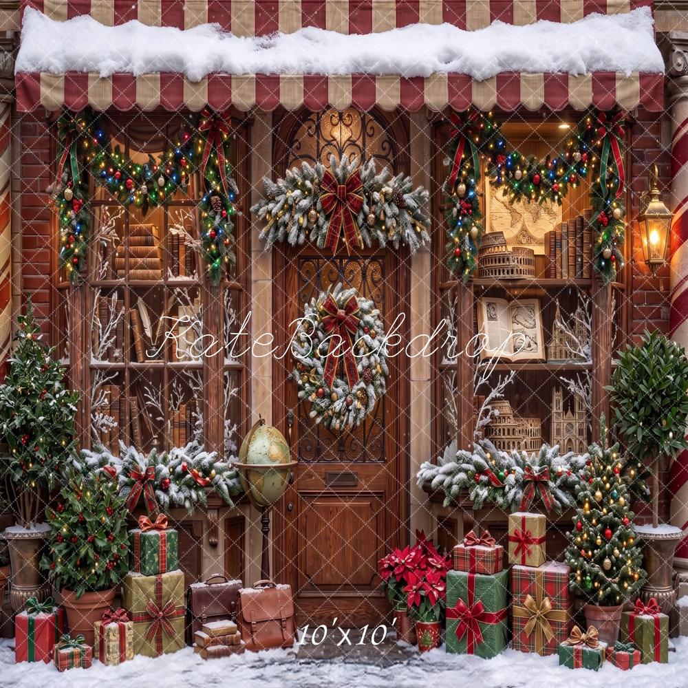Kate Christmas Bookstore Wreaths Gifts Snowy Printed Backdrop Designed by Angela Miller