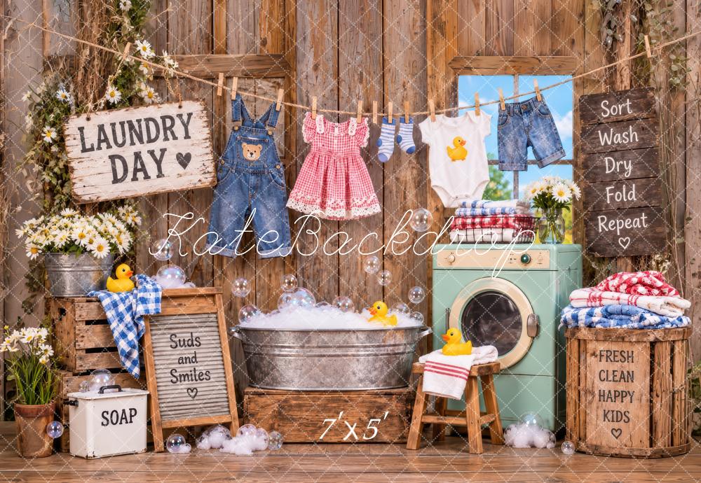 Kate Rustic Laundry Day Kids Clothesline Washing Machine Printed Backdrop Designed by Laura Bybee
