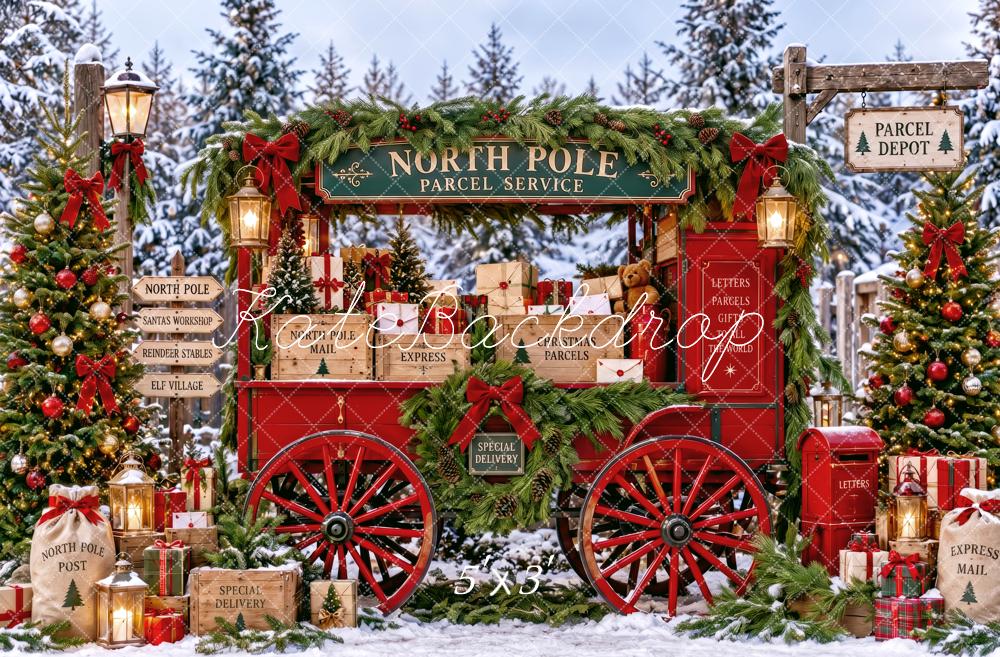 Kate Christmas North Pole Red Parcel Wagon Snowy Printed Backdrop Designed by Patty Roberts