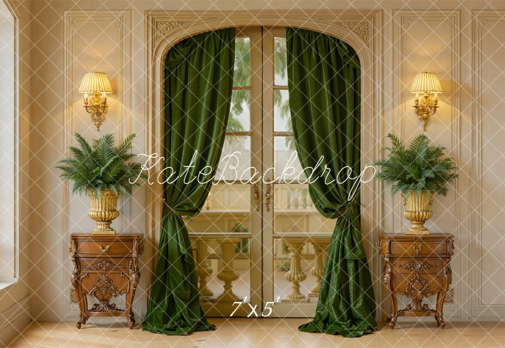 Kate Spring Indoor Green Curtain French Door Cabinet Backdrop Designed by Emetselch