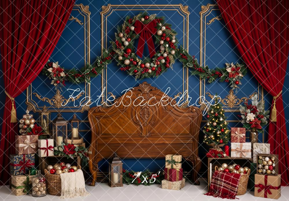Kate Christmas Headboard Wreath Red Curtains Gifts Printed Backdrop Designed by Patty Roberts