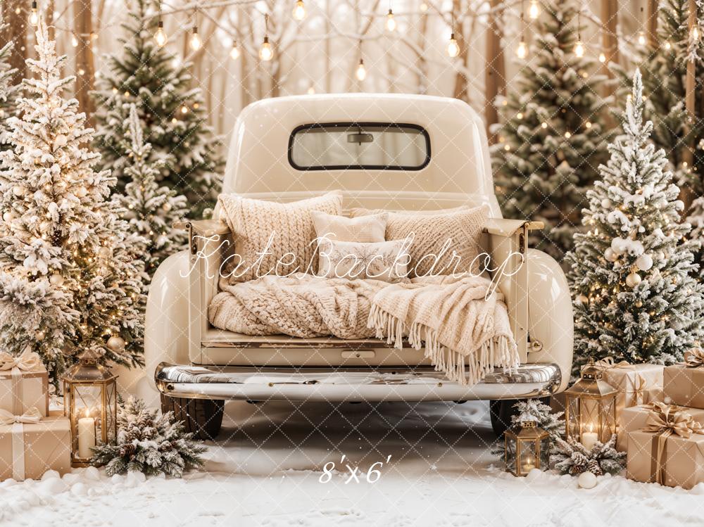 Kate Christmas Cream Vintage Truck Trees Gifts Rustic Printed Backdrop Designed by Emetselch